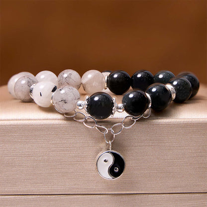 Mythstone Silver Sheen Obsidian Crackle Clear Quartz Black Rutilated Quartz Yin Yang Lotus Protection Bracelet