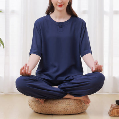 Mythstone 2Pcs Half Sleeve T-Shirt Pants Meditation Zen Tai Chi Cotton Linen Clothing Unisex Set