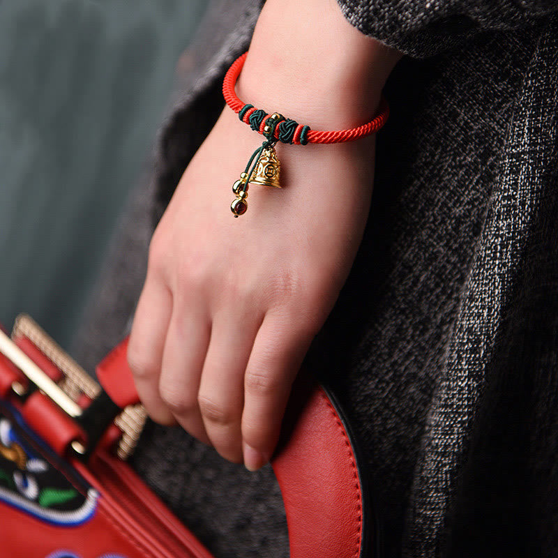 Mythstone 14K Gold Plated Copper Coin Bell Garnet Handcrafted Red Rope Bracelet