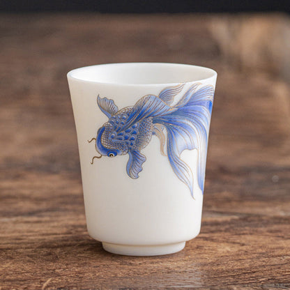 Mythstone Koi Fish White Porcelain Ceramic Teacup Kung Fu Tea Cup