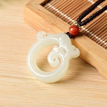 Mythstone White Jade Cyan Jade Dragon Protection Necklace String Pendant