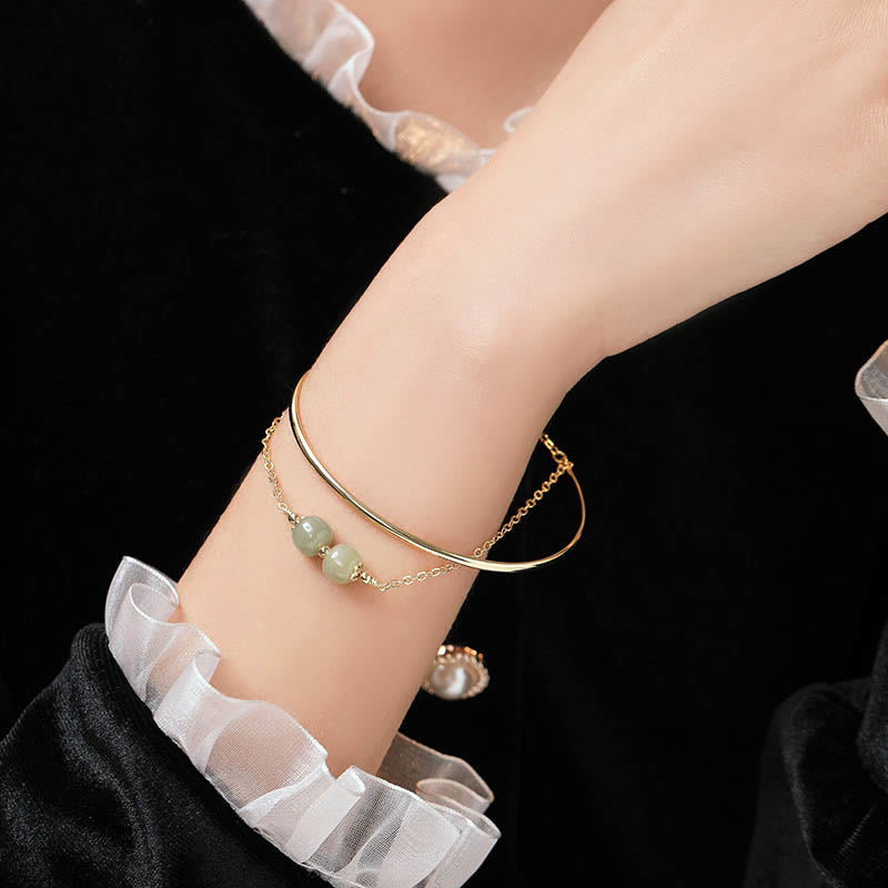 Mythstone Copper Plated Gold Hetian Jade Bead Luck Double Layer Bracelet Bangle