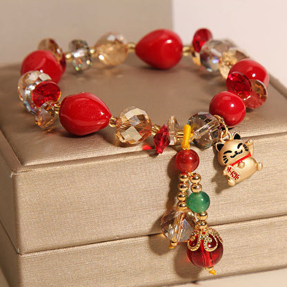 Mythstone Red Stone Lucky Cat Rabbit Fu Character Fortune Bracelet