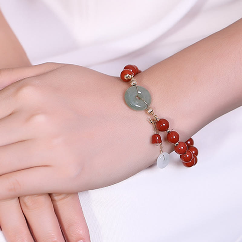 Mythstone 14k Gold Filled Jade Red Agate Peace Buckle Copper Coin Gourd Confidence Bracelet