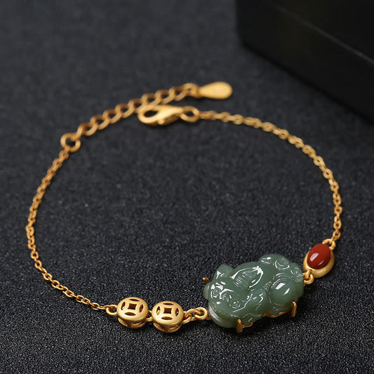 Mythstone Cyan Jade PiXiu Copper Coin Red Agate Success Chain Bracelet