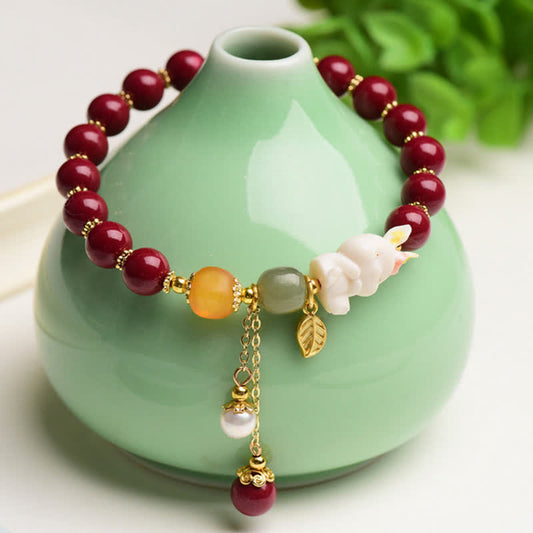 MythStone Year of the Rabbit Cinnabar Hetian Jade Bunny Beaded Blessing Bracelet