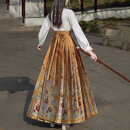 Mythstone Golden Flower Phoenix Embroidery Long Sleeve Shirt Top Chinese Hanfu Ming Dynasty Horse Face Skirt Mamianqun Skirt