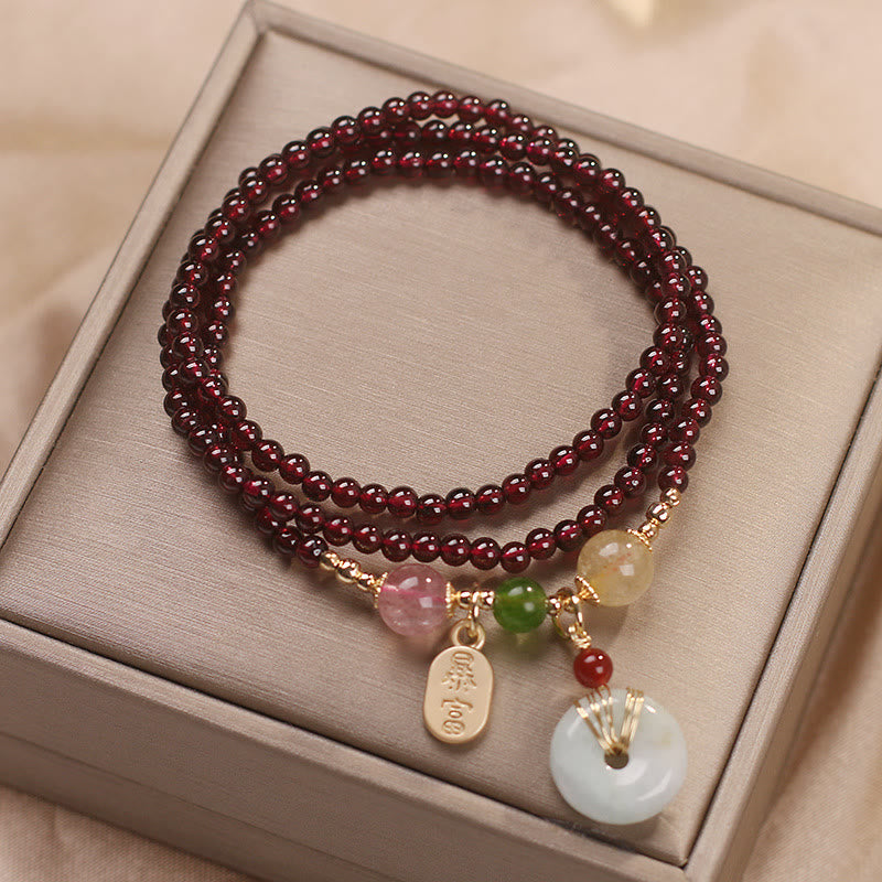 MythStone Natural Garnet Strawberry Quartz Crystal Fox Koi Fish Peace Buckle Fortune Protection Triple Wrap Bracelet