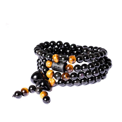 MythStone Natural Black Obsidian Rainbow Obsidian Gourd Blessing Bracelet Mala