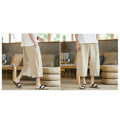 Mythstone Solid Color Mid-Length Wide Leg Pants Cotton Men's Wide Leg Pants With Pockets