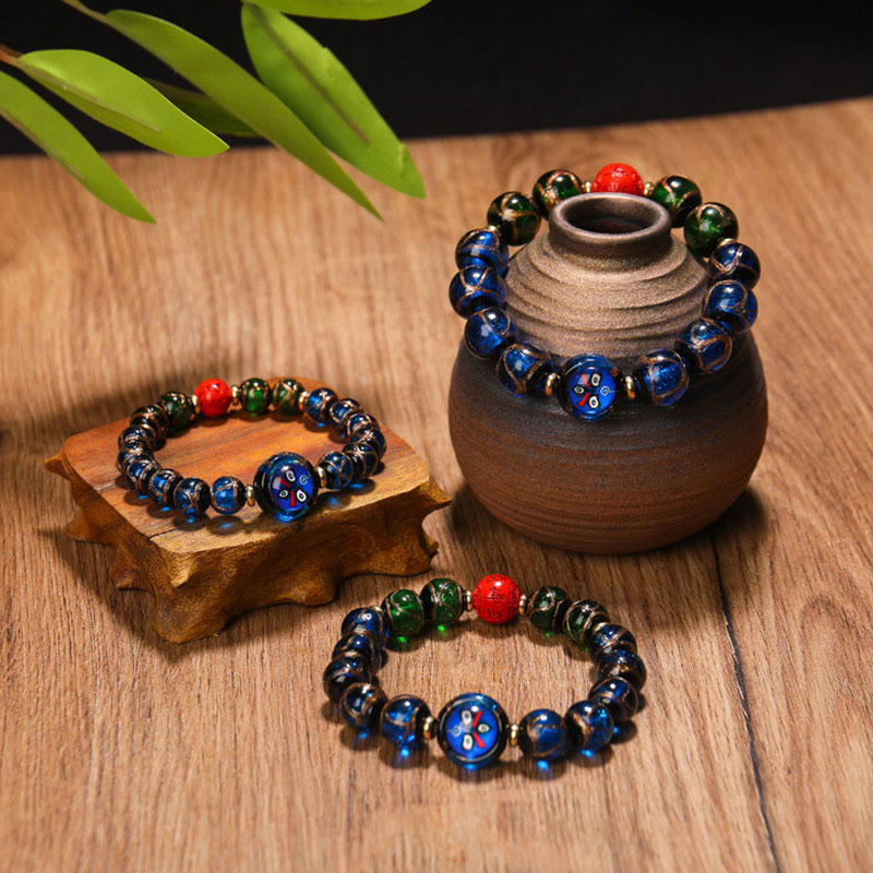 Pulsera de protección del zodíaco chino con cuentas de vidrio de Liuli Thangka tibetano de los cinco dioses de la riqueza