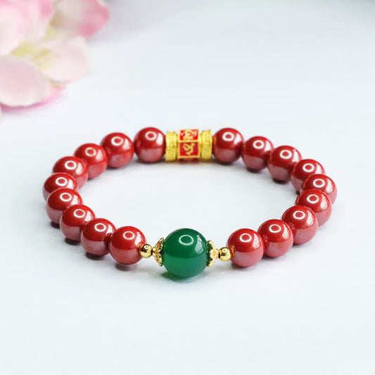 Mythstone Natural Cinnabar Green Agate Om Mani Padme Hum Pattern Blessing Bracelet