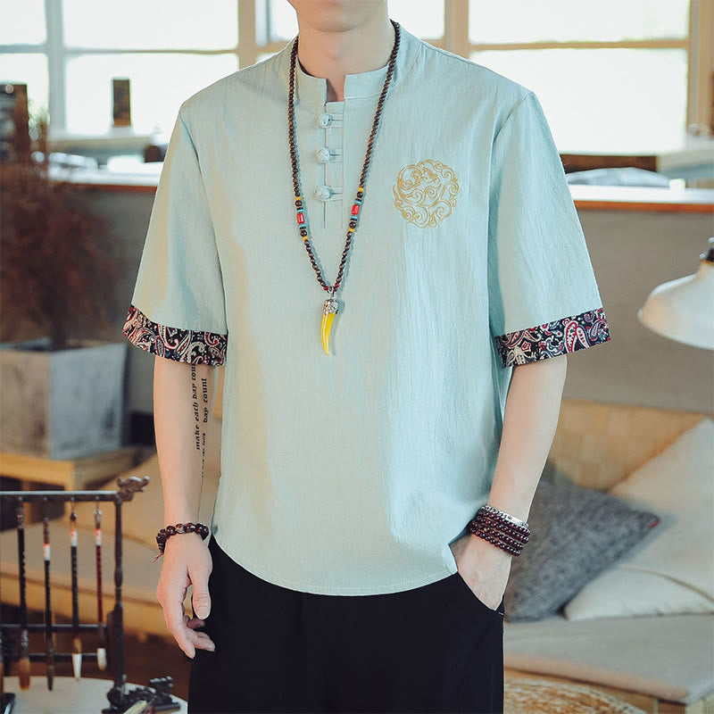 Mythstone Frog-Button Dragon Embroidery Chinese Tang Suit Short Sleeve Shirt Linen Men Clothing