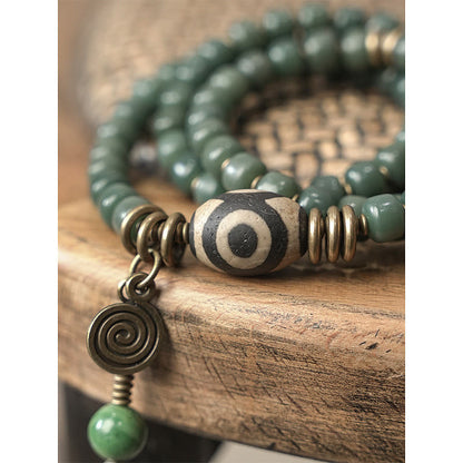 Mythstone Cyan Bodhi Seed Dzi Bead Wisdom Peace Triple Wrap Bracelet