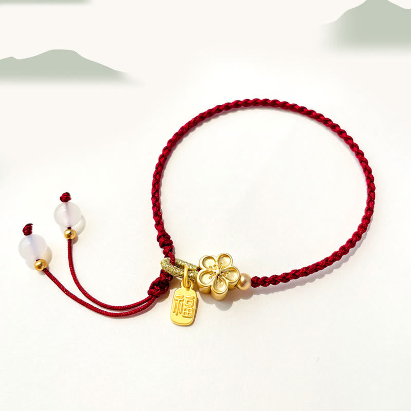 Mythstone Handmade Peach Blossom Rosette Bow Knot Fu Character Charm Luck Fortune Red Rope Bracelet