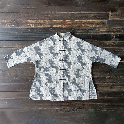 Mythstone Black Gray Beige Print Frog-button Design Long Sleeve Cotton Linen Jacket Shirt With Pockets