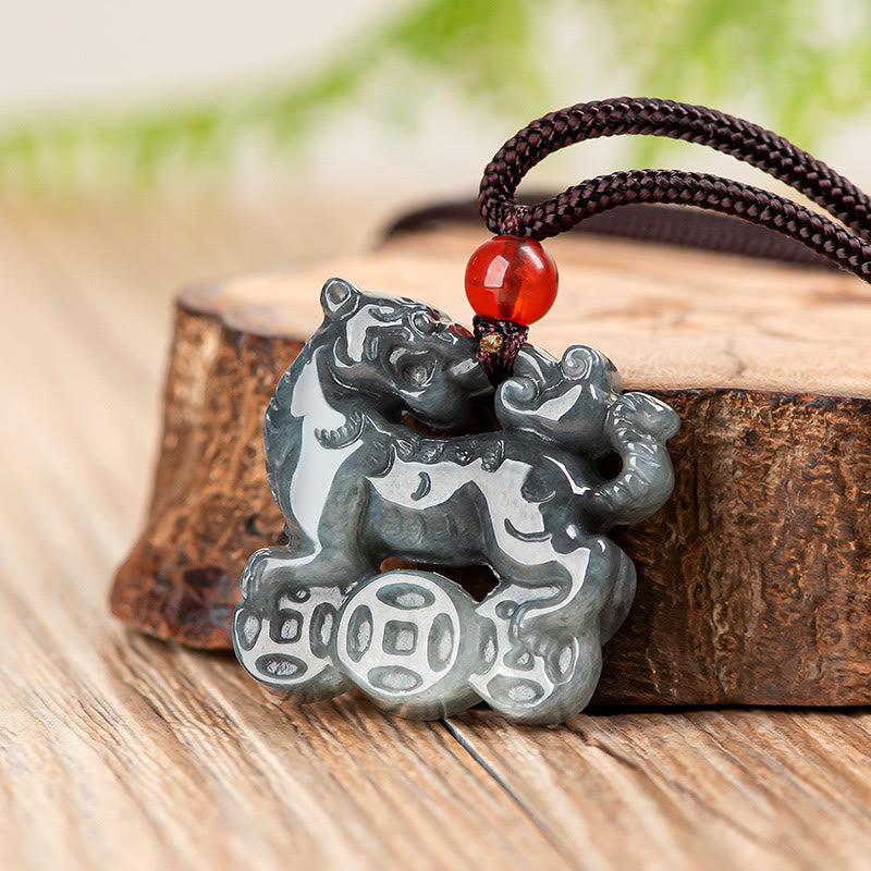 Mythstone Natural Jade Tiger Copper Coin Pattern Luck Necklace Pendant