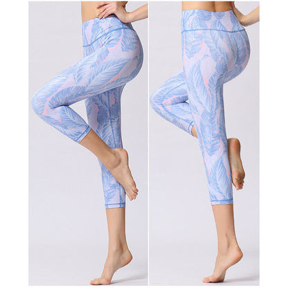 Mythstone Leaves Butterfly Print Sports Yoga Cropped Leggings Women's Yoga Capri Pants