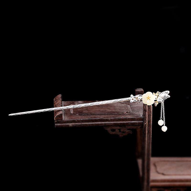 Mythstone 925 Sterling Silver Hetian White Jade Flower Blessing Hairpin