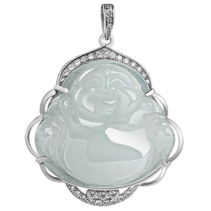 Mythstone 925 Sterling Silver Laughing Buddha Natural Jade Abundance Necklace Pendant