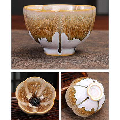 Mythstone 6Pcs Plum Blossom Petal Pattern Chinese Jianzhan Kiln Change Ceramic Teacup Kung Fu Tea Cup Bowl With Gift Box