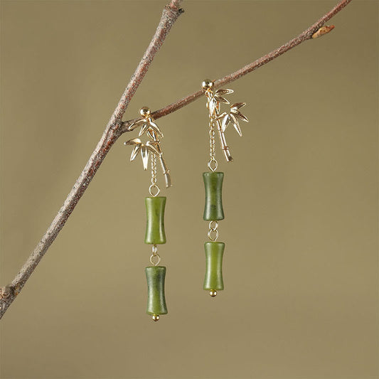 Mythstone 925 Sterling Silver Posts Copper Plated Gold Natural Peridot Bamboo Leaf Drop Earrings