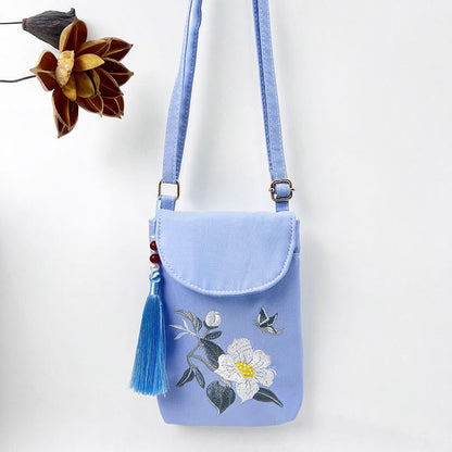 Mythstone Small Embroidered Flowers Crossbody Bag Shoulder Bag Double Layer Cellphone Bag