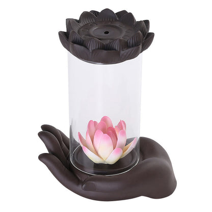 Mythstone Buddha Hand Lotus Enlightenment LED Light Purple Clay Ceramic Incense Burner Decoration