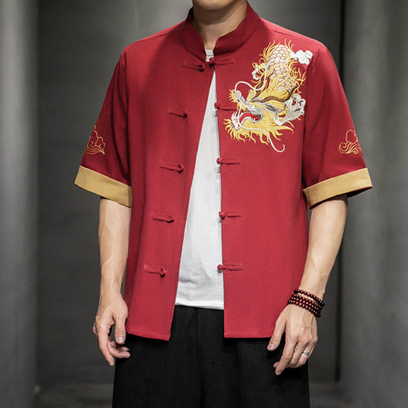 Mythstone Frog-Button Chinese Dragon Auspicious Cloud Embroidery Half Sleeve Shirt Cotton Linen Men Clothing