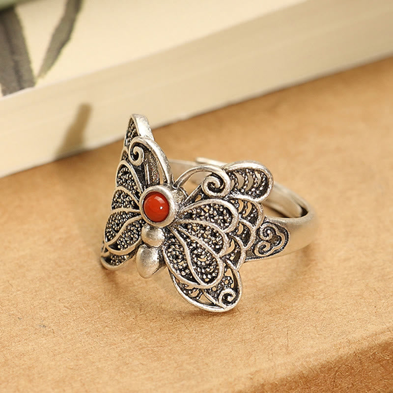 Mythstone 925 Sterling Silver Red Agate Butterfly Self-acceptance Ring Earrings Set