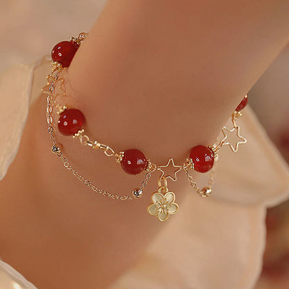 MythStone 14k Gold Plated Red Agate Star Flower Charm Calm Bracelet