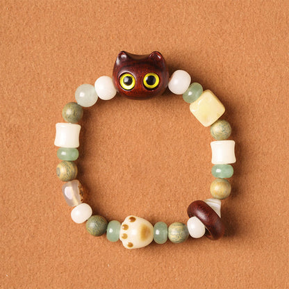 Pulsera de la paz con garra y cabeza de gato y hoja pequeña de sándalo rojo y madera de ébano con semilla de Bodhi y piedra mitológica