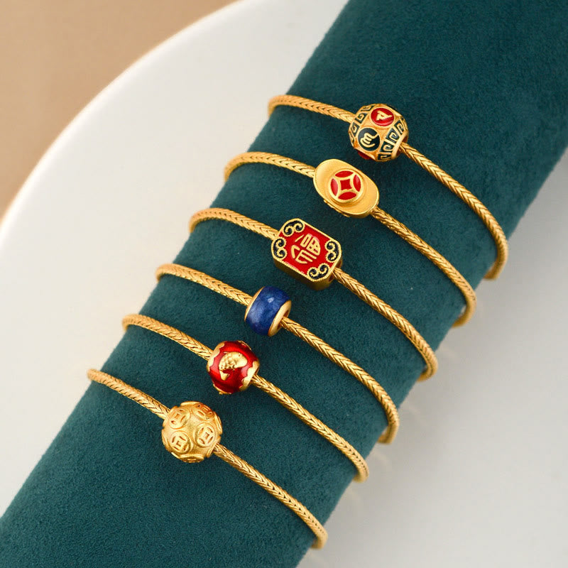 Mythstone Tibetan 18K Gold Om Mani Padme Hum Lucky Koi Fish Fu Character Ingot Copper Coin Peace Bracelet