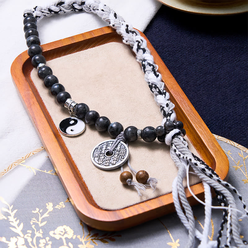 Mythstone Black Glitter Stone Cat's Eye Yin Yang Mountain Ghosts Spend Money Power Double Layer Rope Bracelet