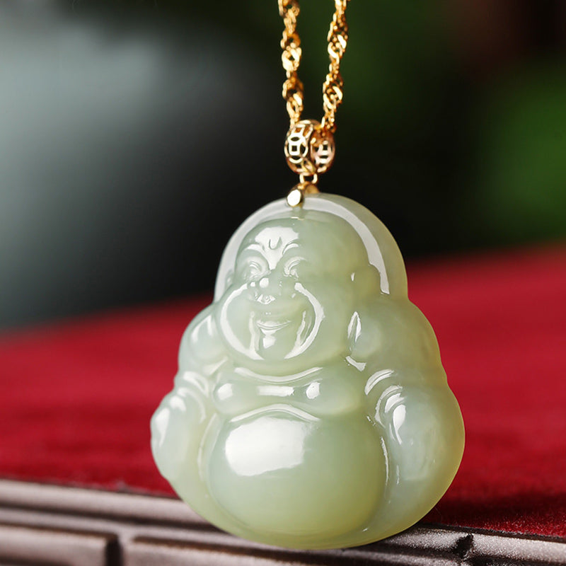 Mythstone 925 Sterling Silver Laughing Buddha Cyan Jade 18K Gold Success Necklace Pendant