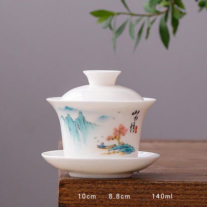 Mythstone White Porcelain Mountain Landscape Countryside Ceramic Gaiwan Teacup Kung Fu Tea Cup And Saucer With Lid