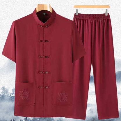 Mythstone Good Luck Character Tang Suit Hanfu Traditional Uniform Short Sleeve Top Pants Clothing Men's Set