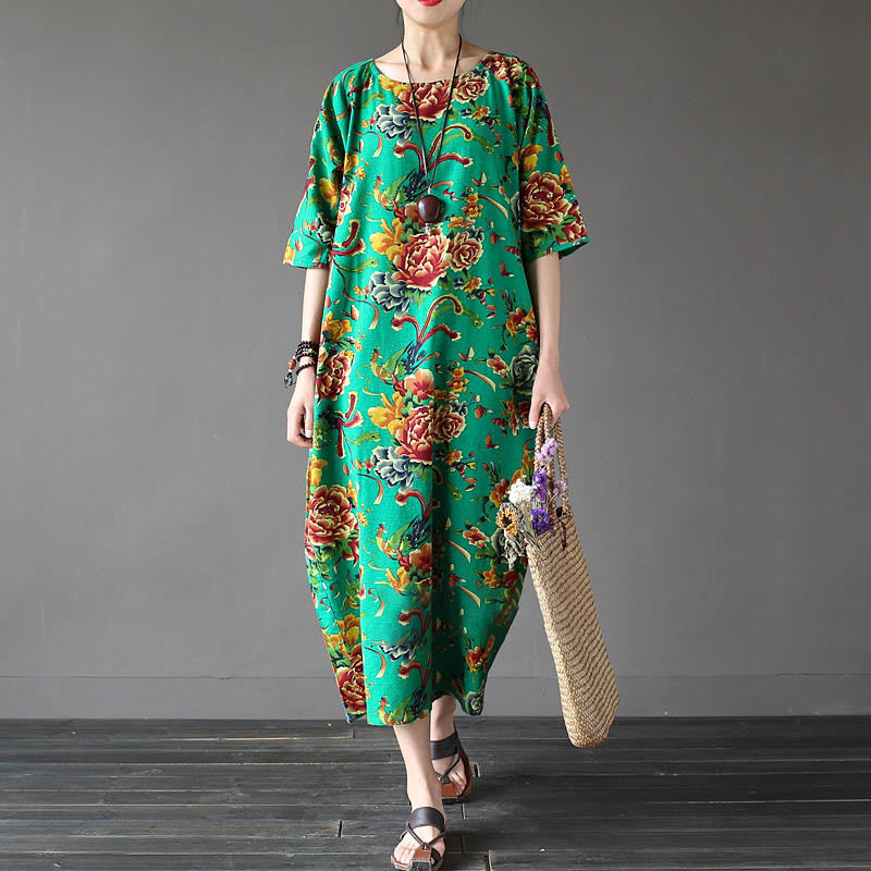 Mythstone Red Peony Flowers Printed Midi Dress Half Sleeve Cotton Linen Dress