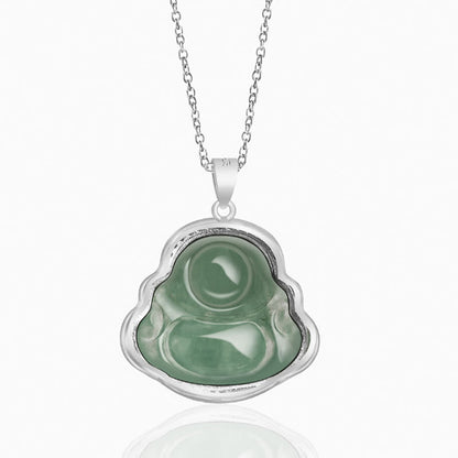 Mythstone 925 Sterling Silver Laughing Buddha Natural Jade Luck Prosperity Necklace Chain Pendant