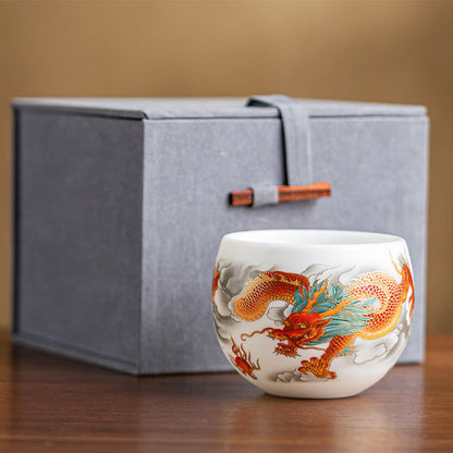 Mythstone Dragon Phoenix Auspicious Clouds Ceramic Teacup Kung Fu Tea Cup With Gift Box