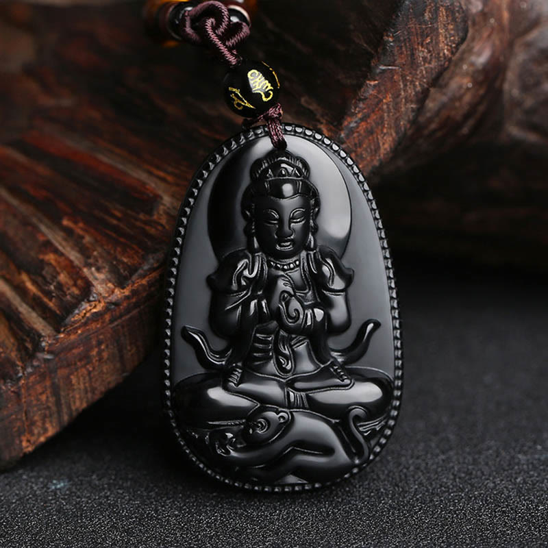 Colgante de obsidiana negra natural con diseño de Buda natal del zodíaco chino Mythstone