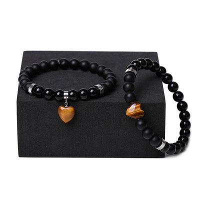 Mythstone 2Pcs Black Onyx Crystal Stone Love Heart Protection Support Couple Bracelet