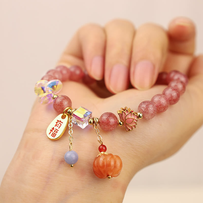 Mythstone Natural Strawberry Quartz Fu Character Pumpkin Charm Positive Bracelet