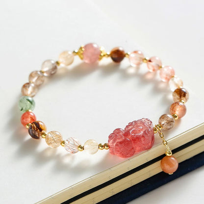 Mythstone Natural Rutilated Quartz Strawberry Quartz PiXiu Wealth Bracelet