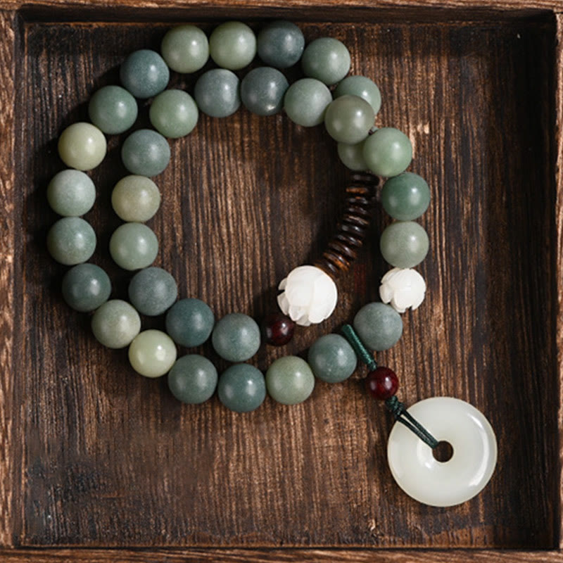 Pulsera de doble vuelta con hebilla de paz y sabiduría, semilla de bodhi, loto y jade cian