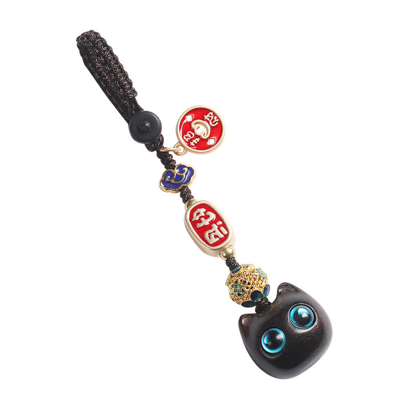 Mythstone Ebony Wood Lucky Cat Auspicious Cloud Peace Key Chain Phone Hanging Decoration