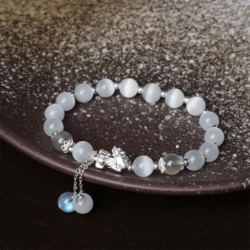 Mythstone Natural Cat's Eye Moonstone Strawberry Quartz PiXiu Support Bracelet