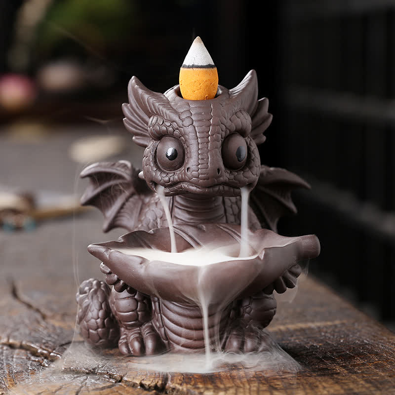 Mythstone Lovely Dinosaur Purple Clay Backflow Smoke Fountain Healing Incense Burner Decoration