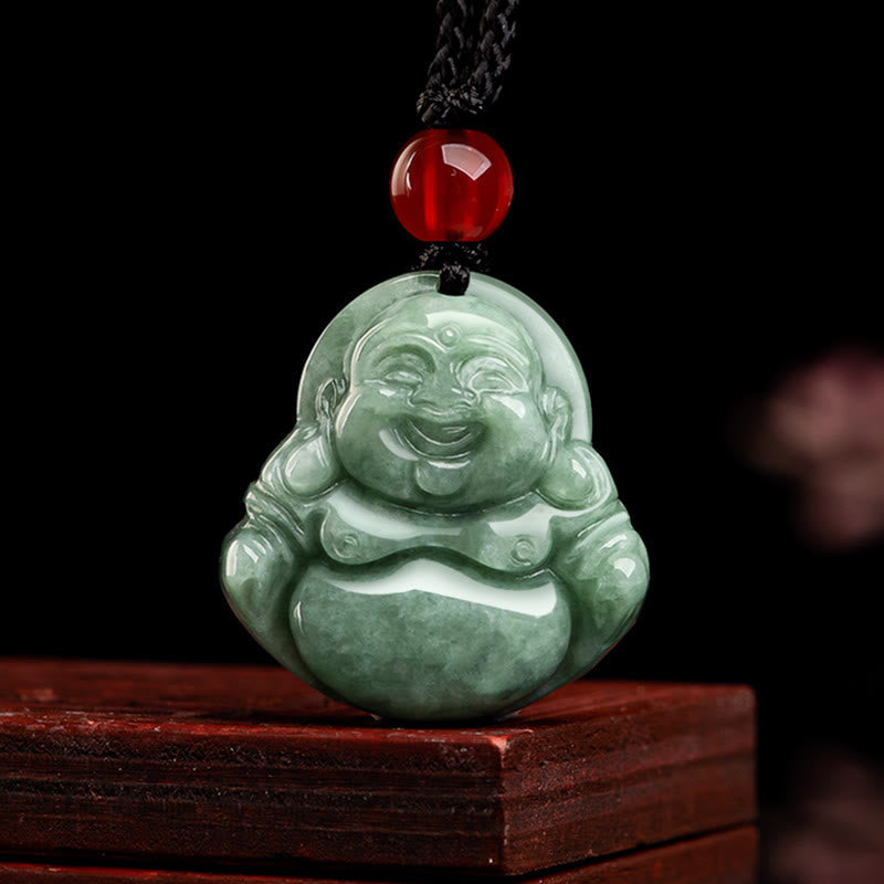 Mythstone Natural Green Jade Laughing Buddha Luck Abundance Necklace Pendant