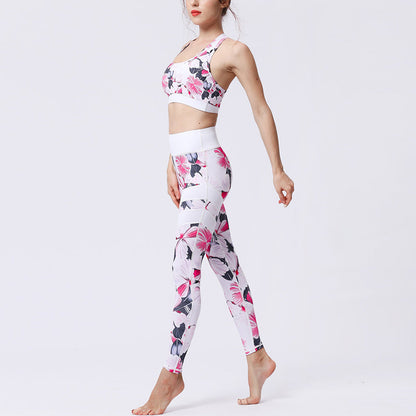 Mythstone 2Pcs Sunflower Flowers Leaves Print Top Pants Sports Fitness Yoga Women's Yoga Sets